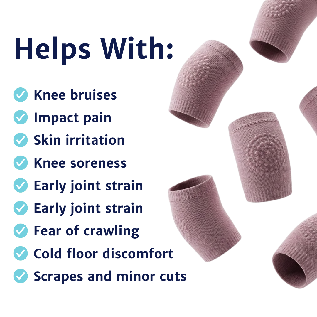 Kids knee sleeve worn on one knee next to a checklist graphic describing common crawling and floor contact concerns.