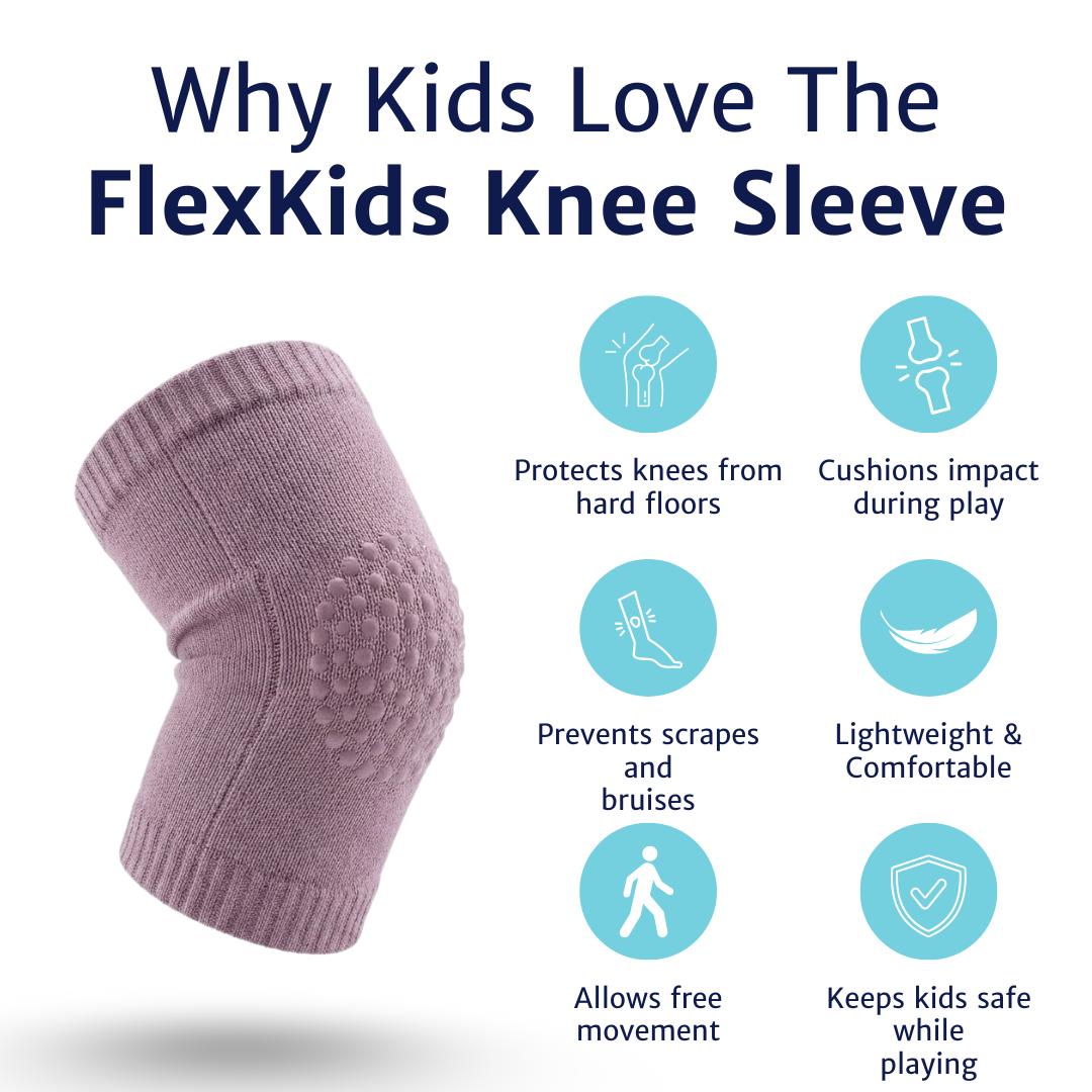 Kids knee sleeve shown at an angle alongside icons illustrating protection, cushioning, comfort, and free movement.