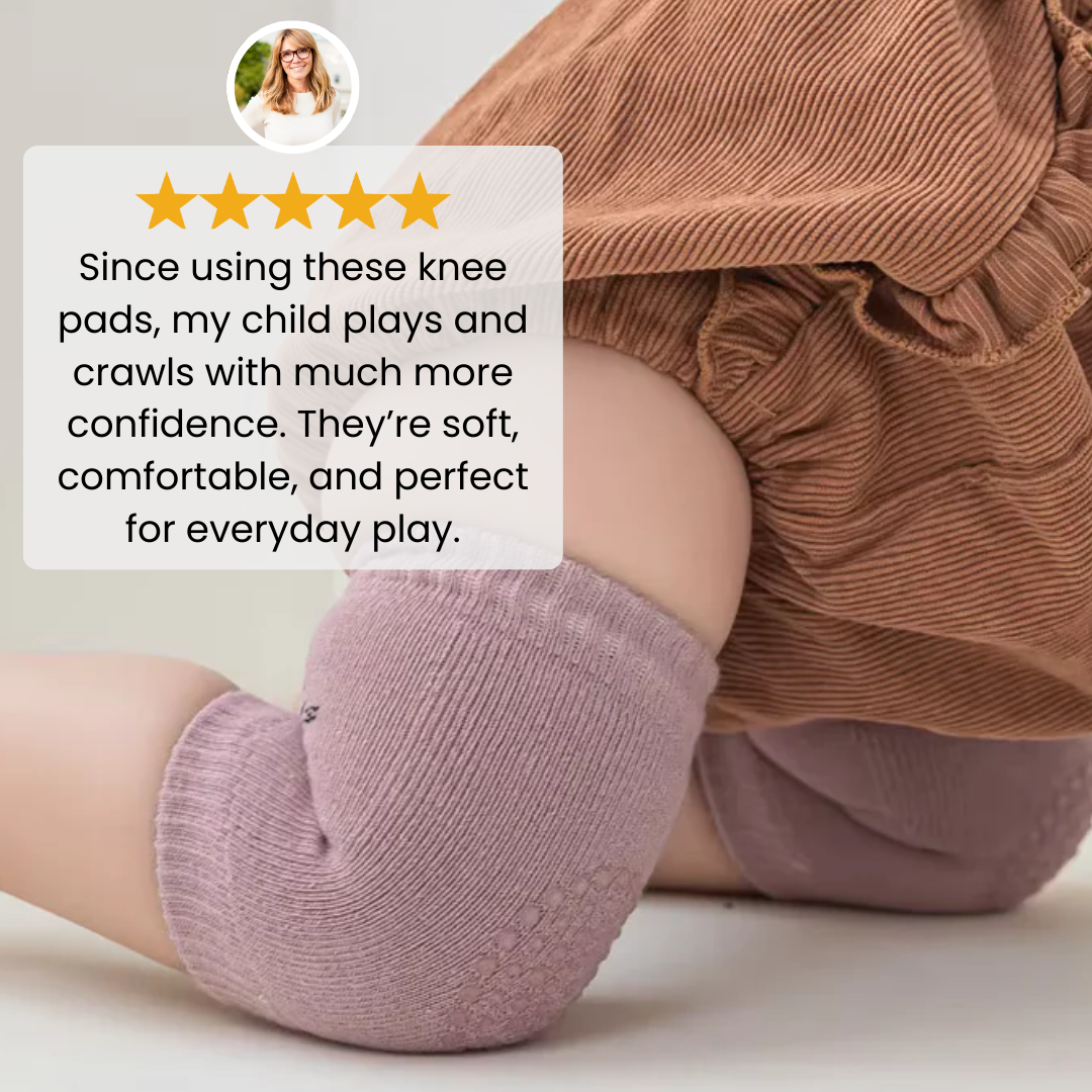 Kids knee sleeve worn while crawling indoors with an overlaid parent testimonial highlighting everyday play use.