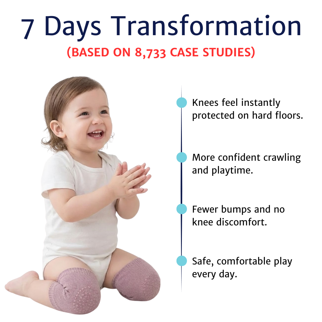 Kids knee sleeve worn by a baby during playtime with a visual timeline showing increased comfort while crawling.