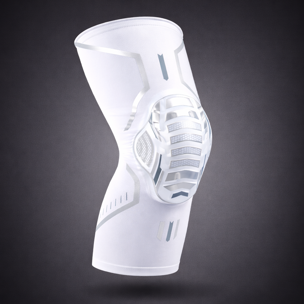Knee compression sleeve shown in a three dimensional design view highlighting the contoured structure and padded knee area.