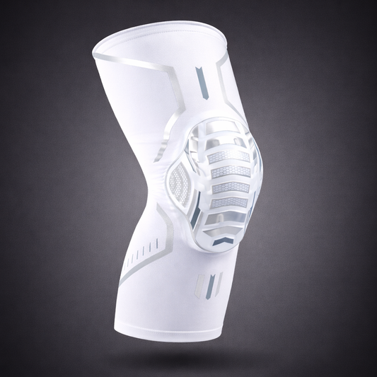 Knee compression sleeve shown in a three dimensional design view highlighting the contoured structure and padded knee area.