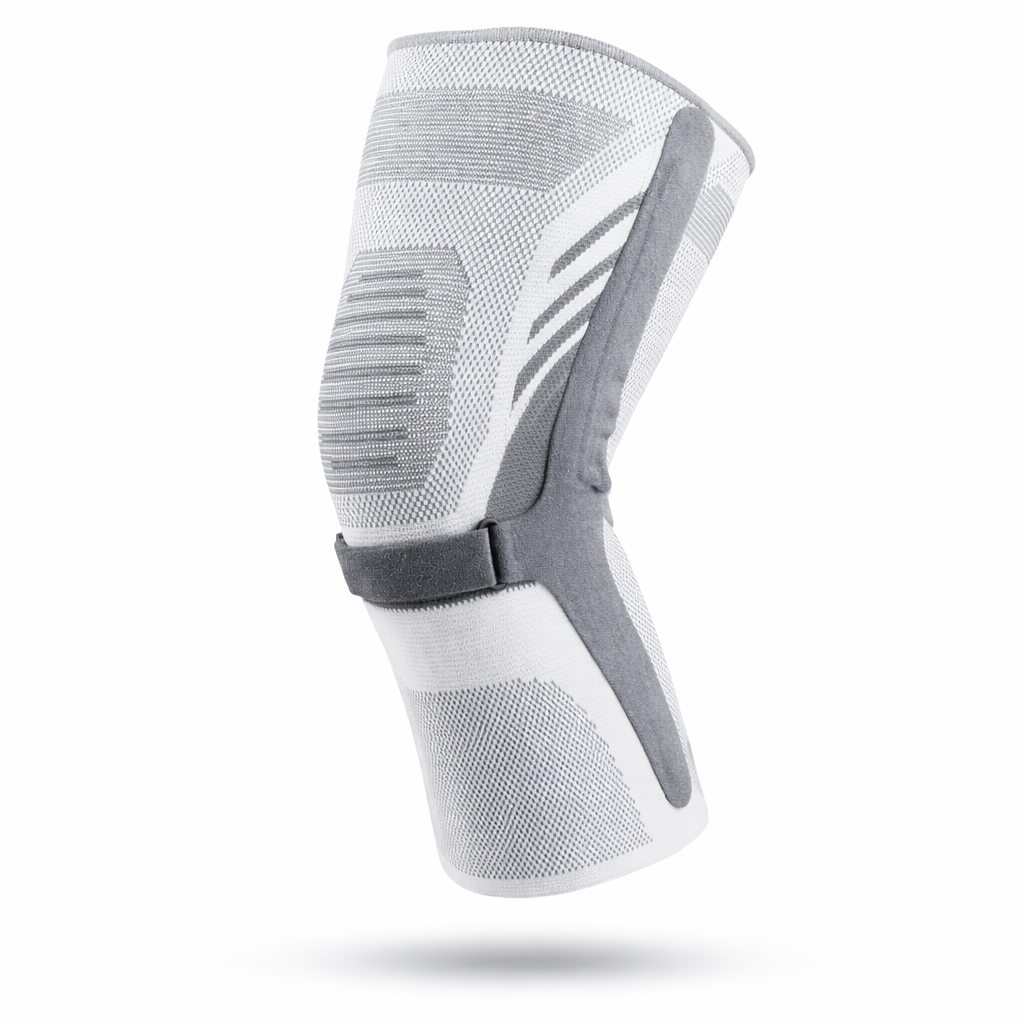 Knee compression sleeve shown from a side angle with contoured knit zones and an adjustable support strap.