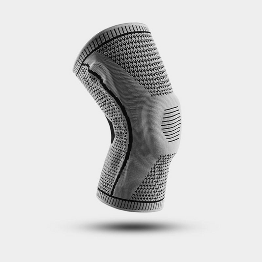 gray Ultra Knee Elite knee sleeve product image showing ergonomic knee compression sleeve design for knee support, stability, and daily comfort