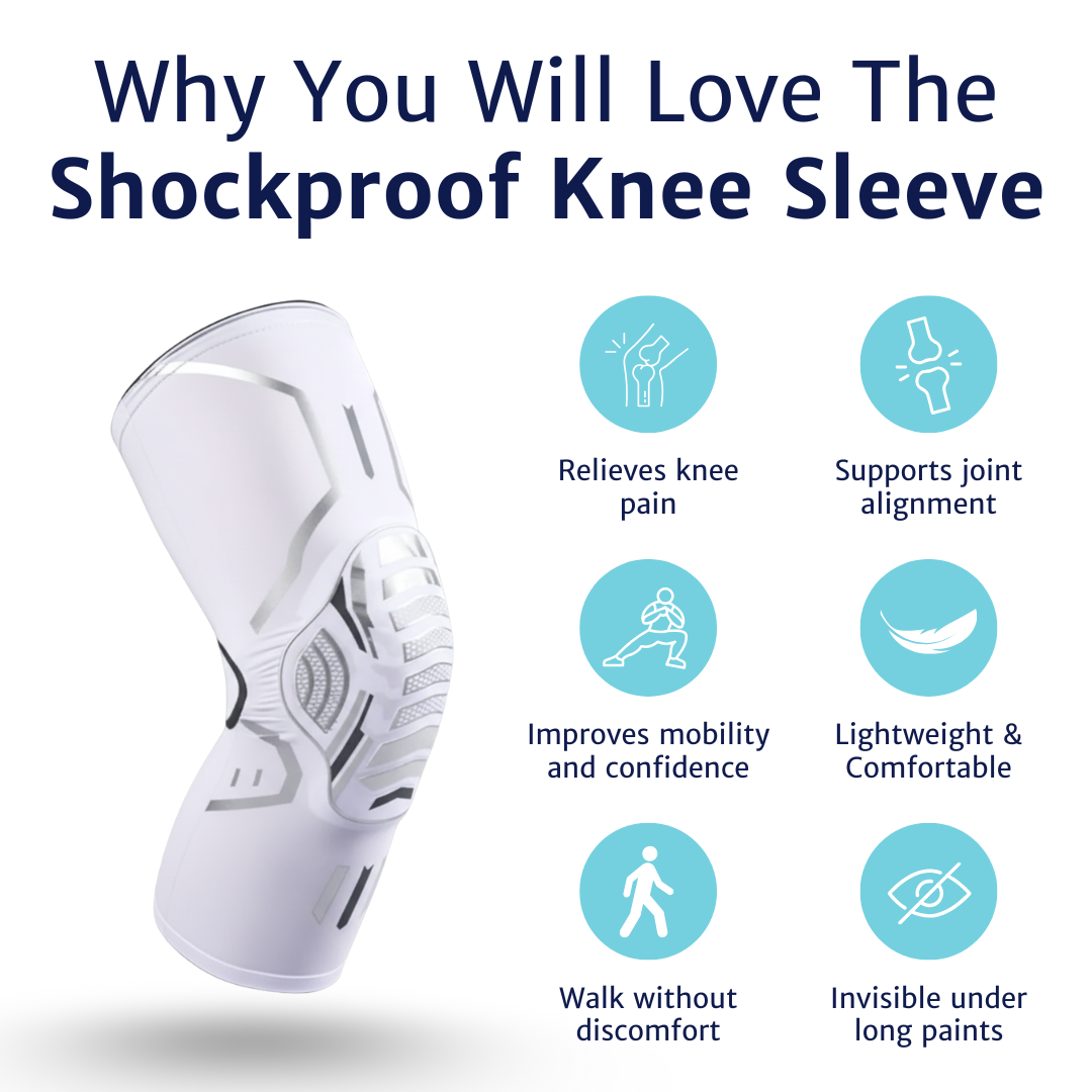 Knee sleeves displayed with feature icons illustrating support, mobility, comfort, and everyday wear benefits.