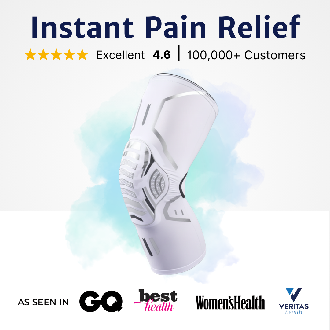 Knee sleeves shown alone with a star rating graphic and publication logos displayed nearby to represent customer reviews.