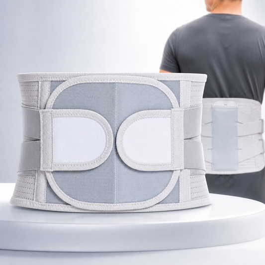 Back view of the WeRelieve lumbar support belt showing triple support plates and adjustable compression straps designed to stabilize the lower spine and provide lumbar back brace support.