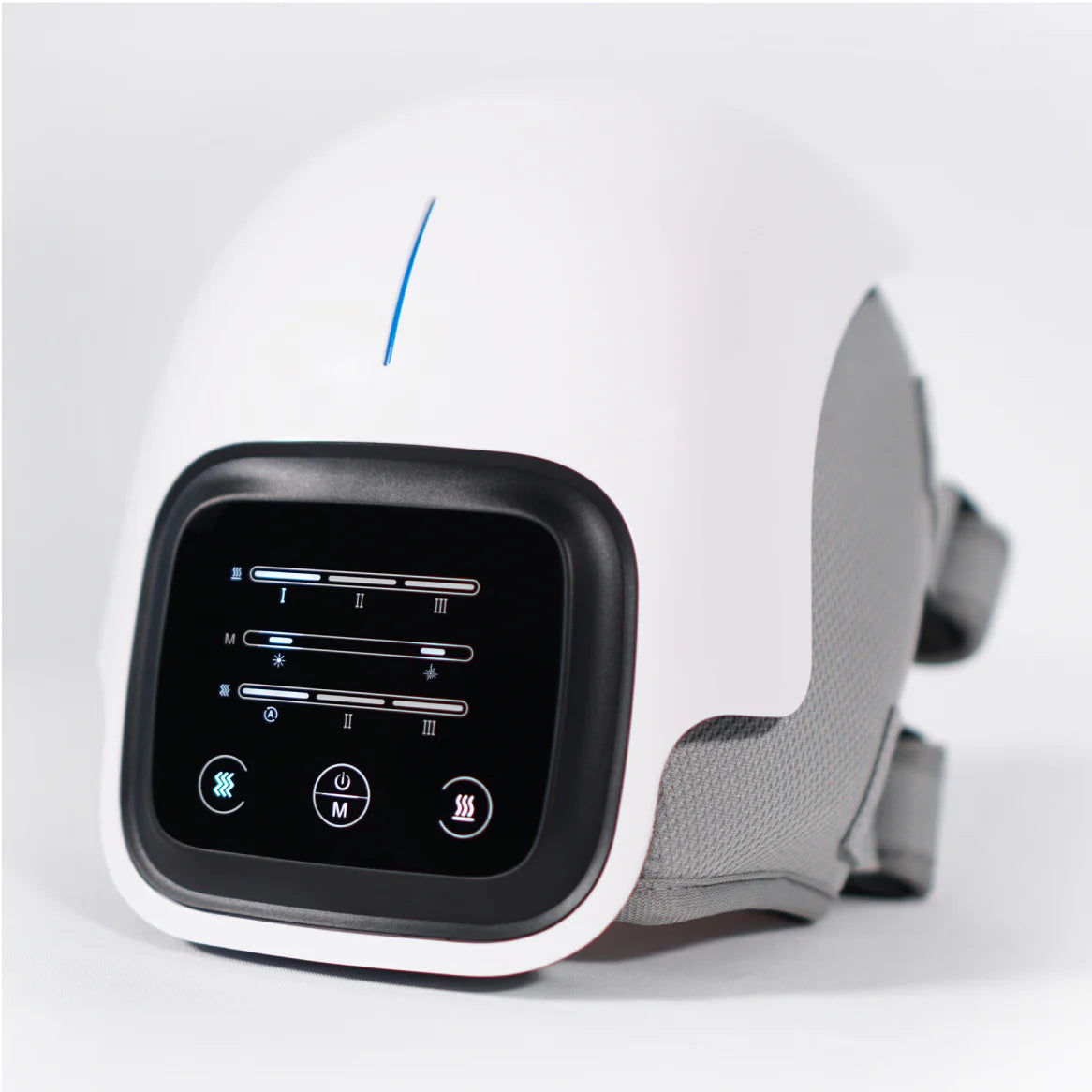 Knee massager shown in close up with illuminated control panel and adjustable strap visible.