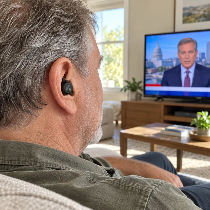 Man wearing QuietFit hearing aids while watching television