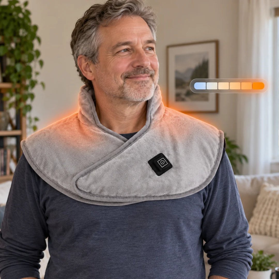Man wearing ThermaWrap Go with heat settings illustration