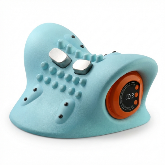 Blue neck massager with buttons and a digital display on a white background