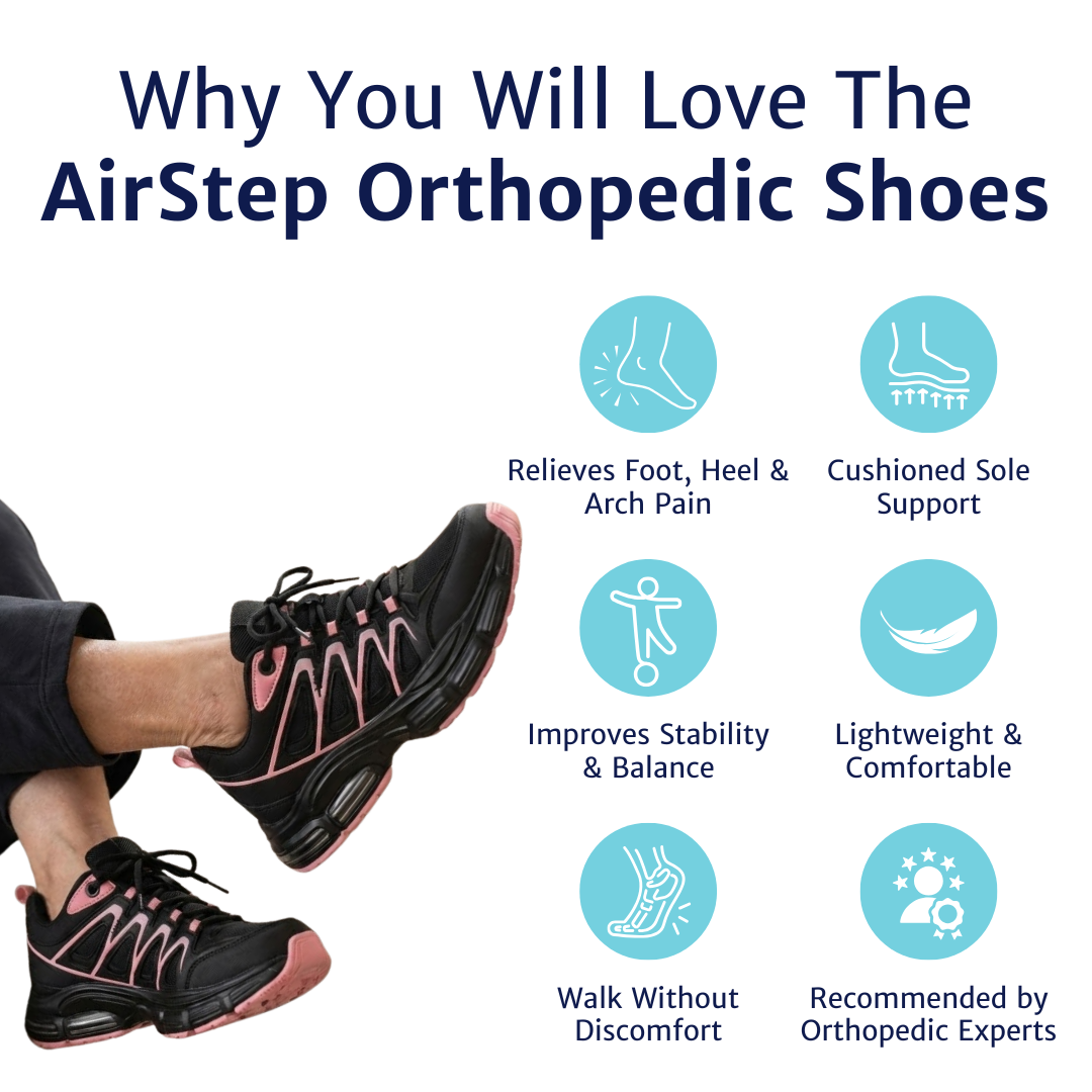 Orthopedic shoes shown beside graphic icons illustrating cushioning balance and sole structure.
