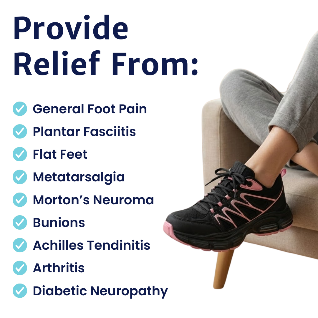 Orthopedic shoes for women worn by a person sitting on a chair with feet resting forward.
