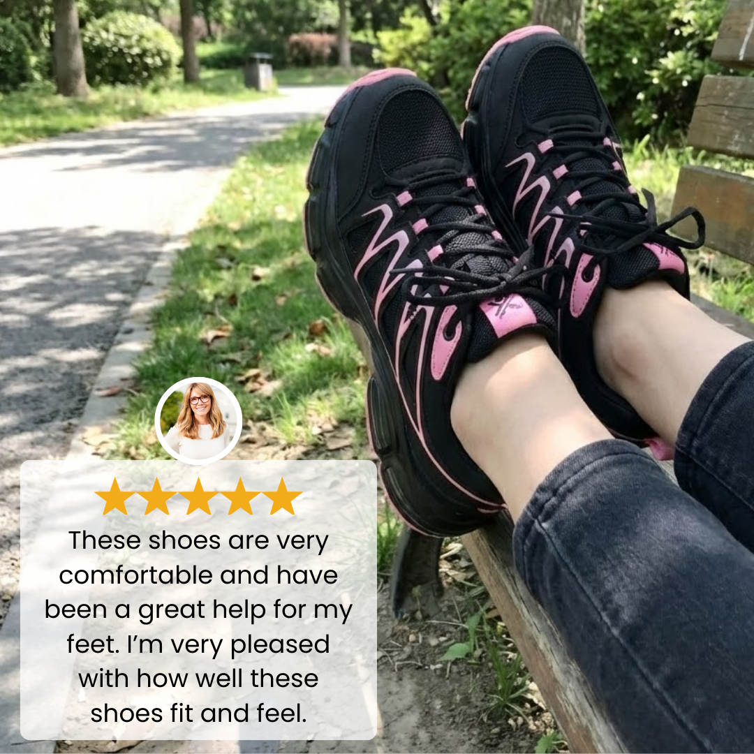 Orthopedic shoes for women worn while resting on a bench along a tree-lined path.
