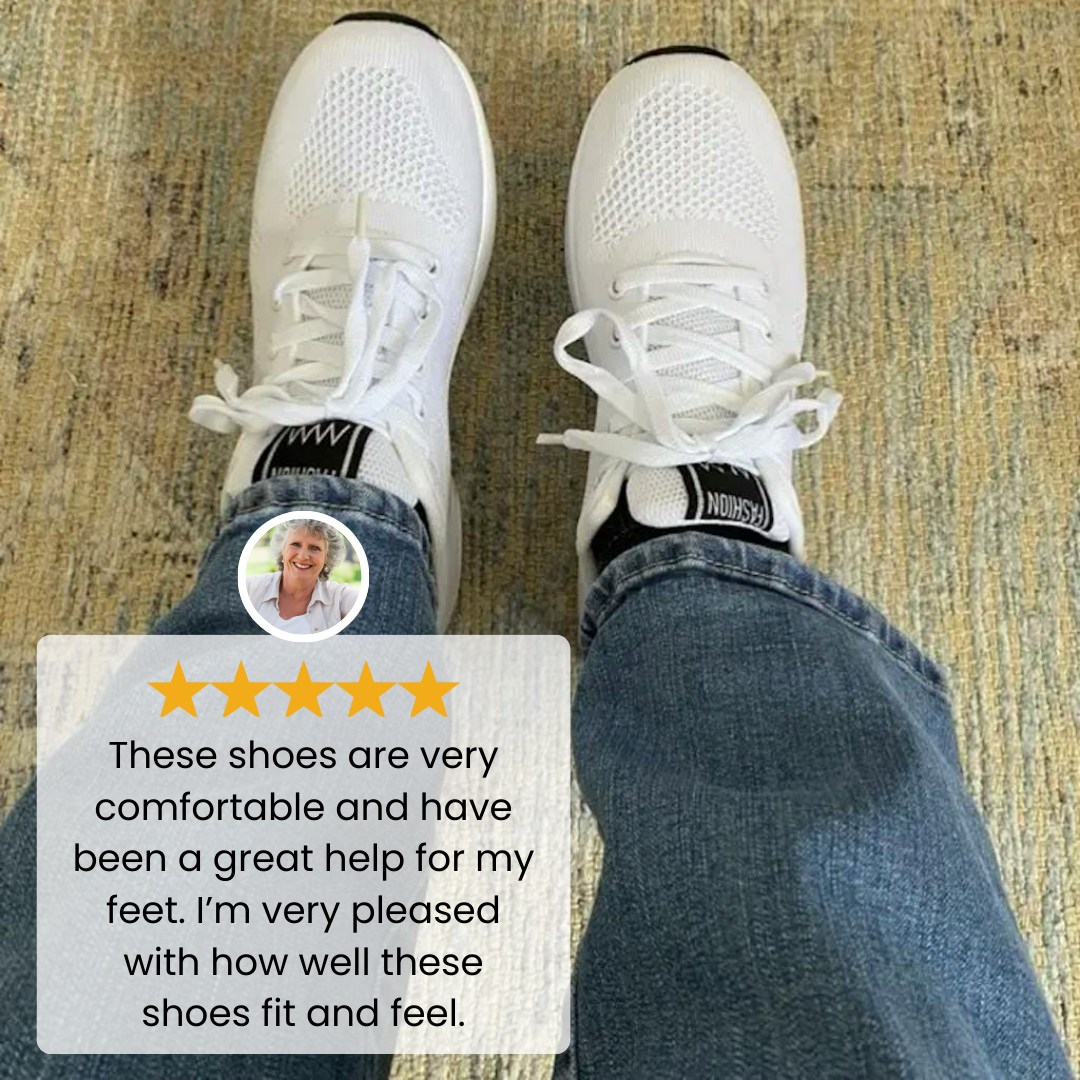 orthopedic shoes for women viewed from above while worn indoors on a textured floor