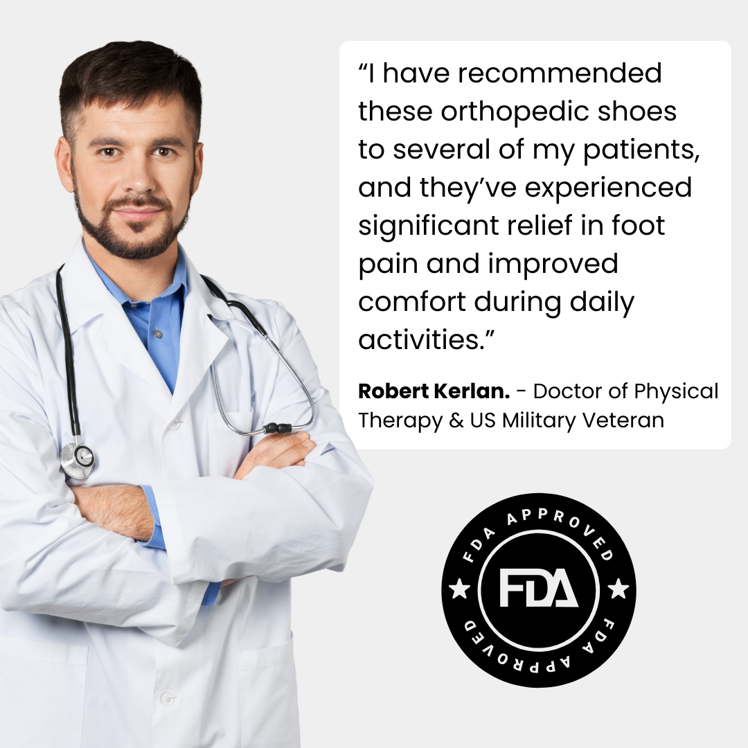 orthopedic shoes shown alongside a medical professional image used as visual context