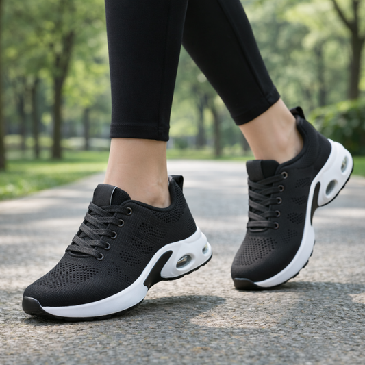 orthopedic shoes worn while walking on a paved path in an outdoor park setting