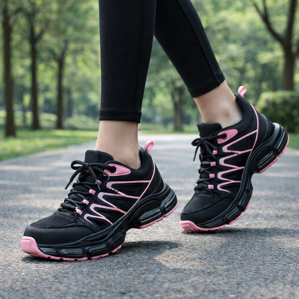 Orthopedic shoes worn by a person walking on a paved path in a park setting.