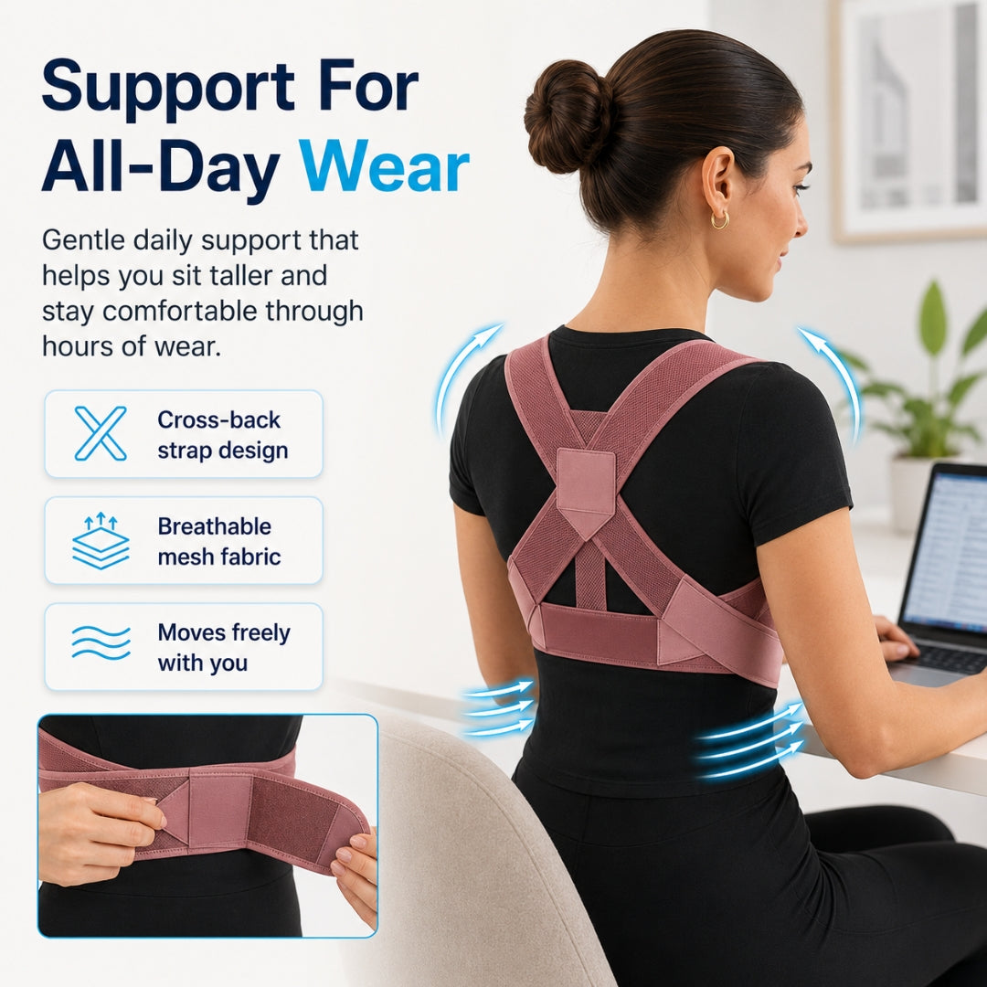 posture and back brace worn by a seated woman at a desk with pink cross back straps and an inset showing the waist closure