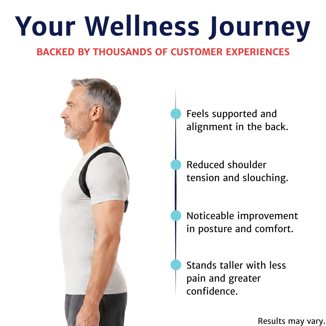 posture and back brace worn by a man in side profile beside a wellness journey timeline on a white background