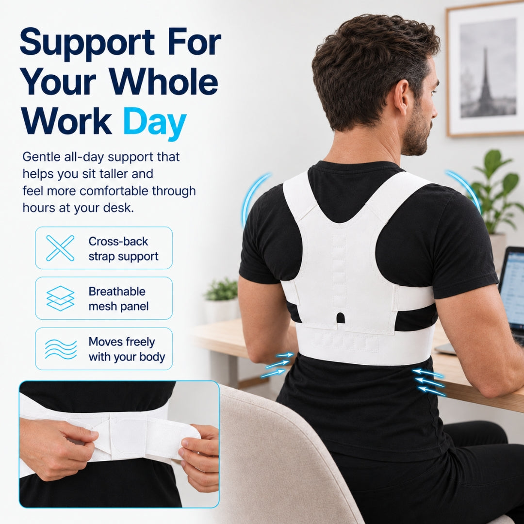 posture and back brace worn by a seated man from behind at a desk with an inset showing the front closure