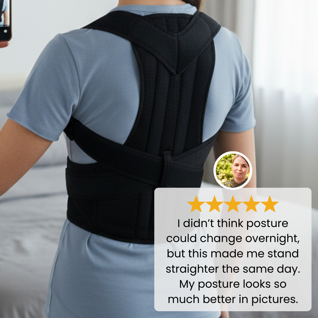 Posture brace back area shown in a close-up view highlighting strap placement and fabric texture while worn.