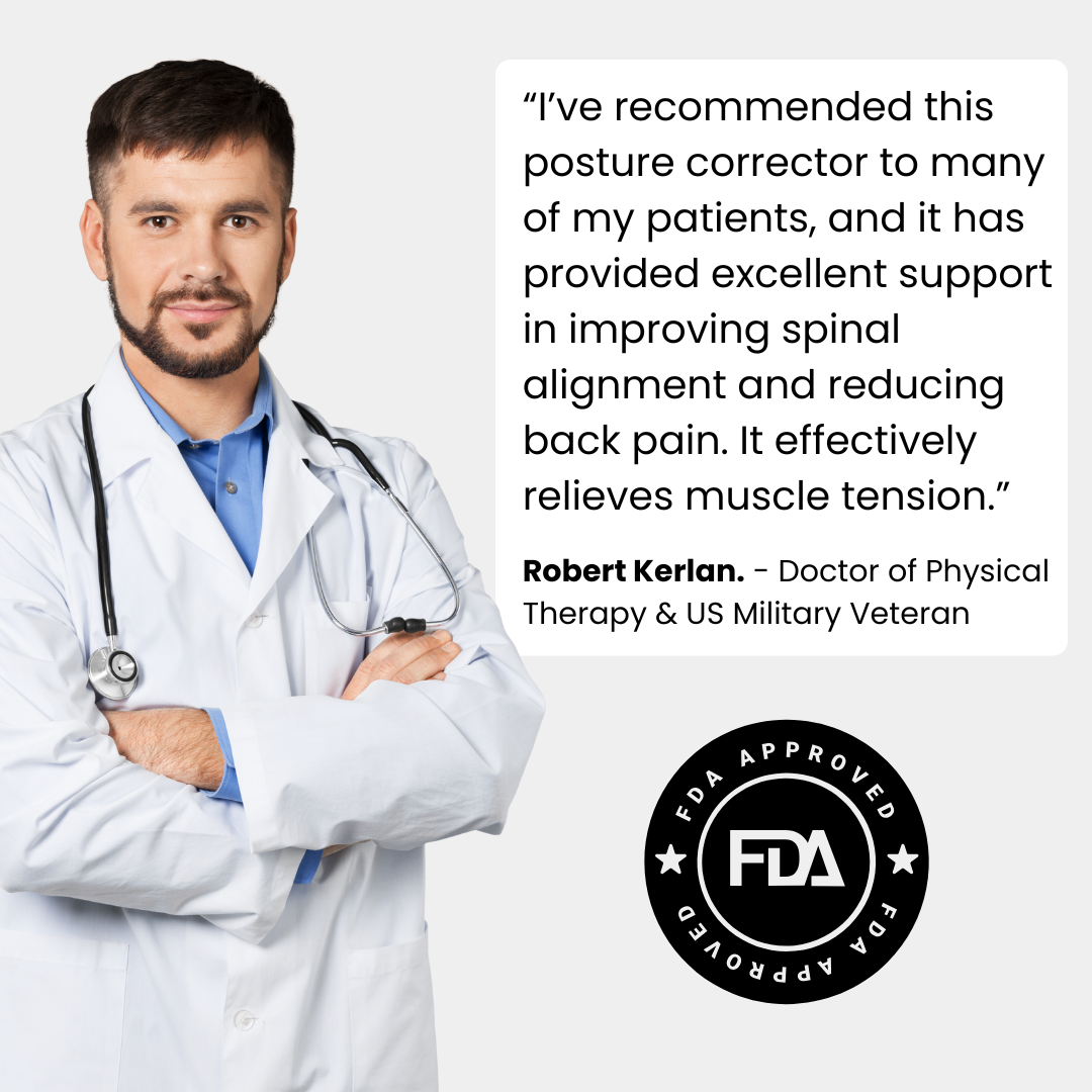 Posture brace referenced alongside a medical professional portrait with an approval seal graphic.
