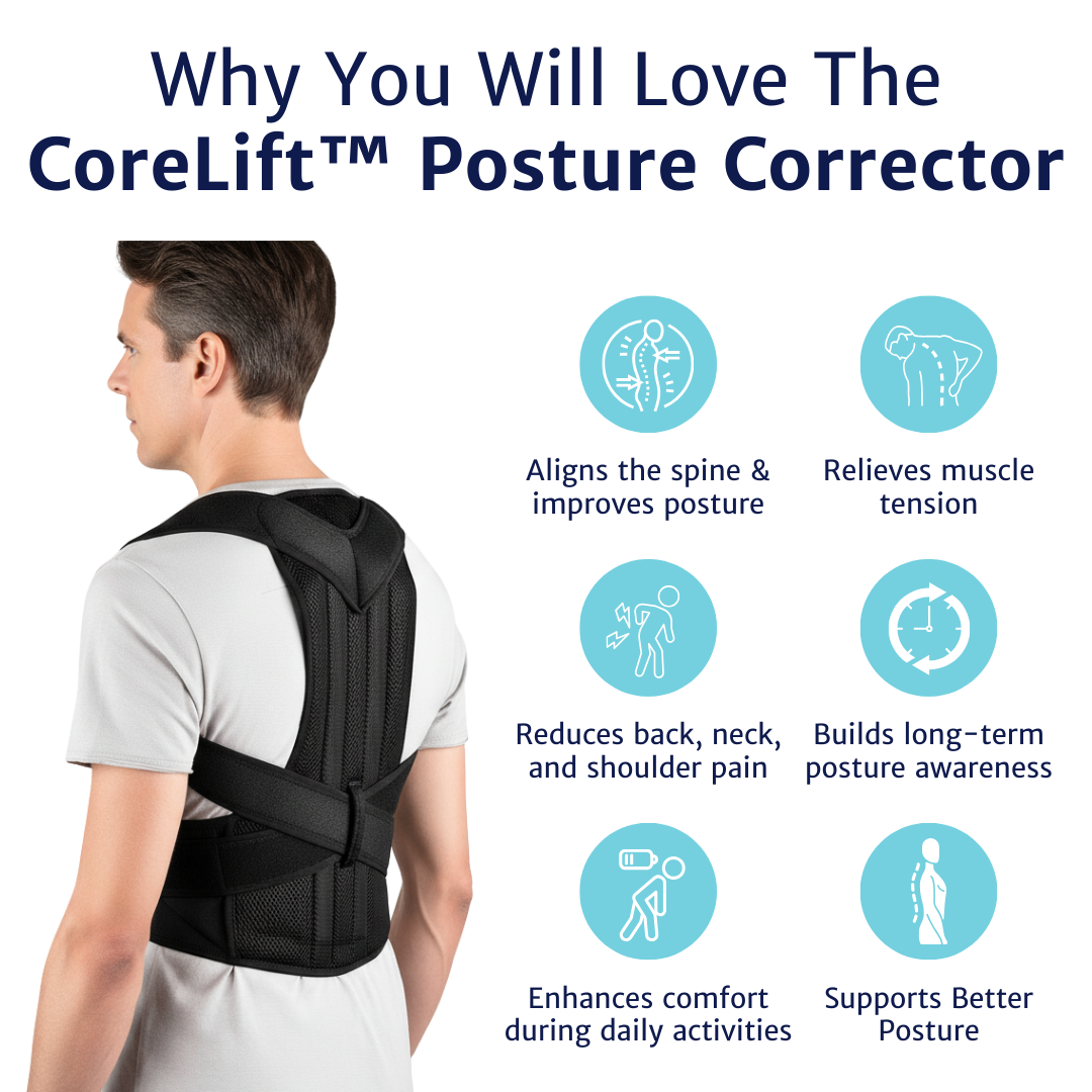 Posture corrector worn on the upper back shown from the rear with adjustable straps visible on a standing adult.