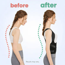Side-view comparison of a woman standing without and with the Revitalize posture corrector.