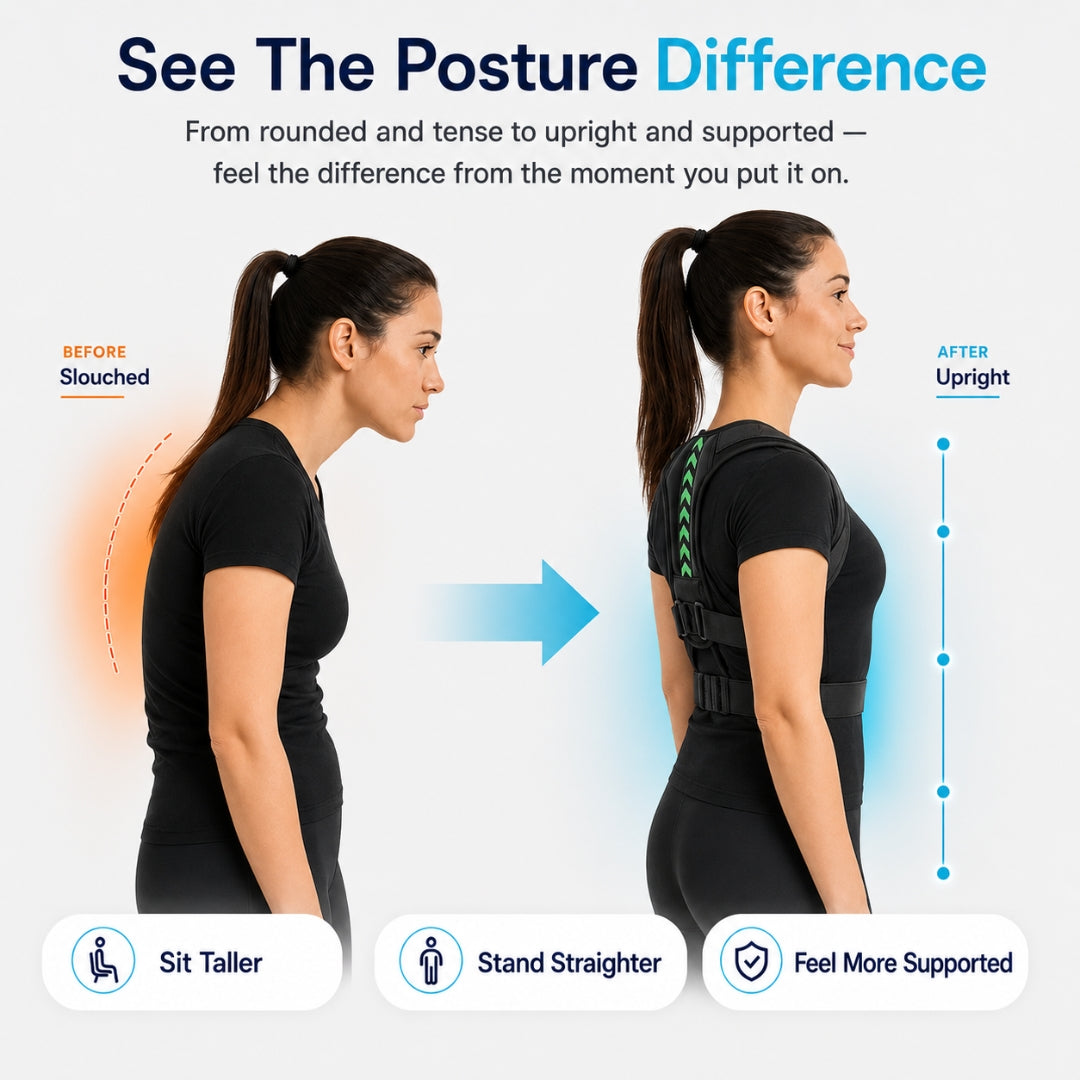 posture corrector comparison showing a woman slouched in one side view and upright while wearing the black brace in the other