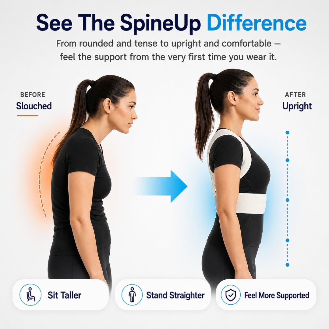 posture corrector comparison showing a woman slouched in one side view and upright while wearing the brace in the other