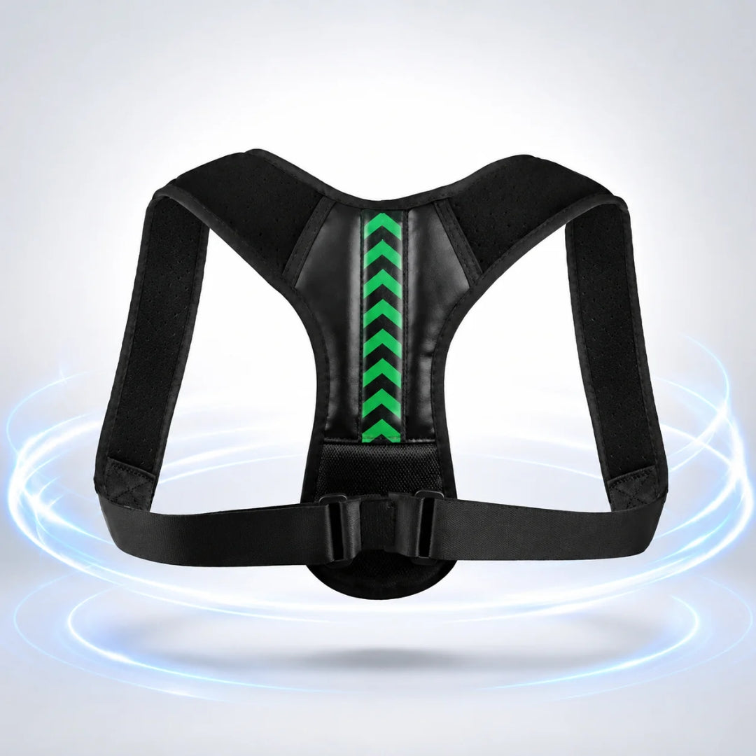 posture corrector featuring black shoulder straps, a central back panel, adjustable lower strap, and green arrow accents