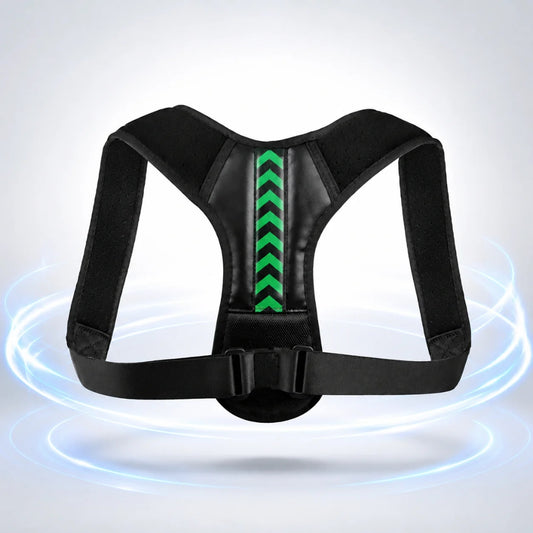 posture corrector featuring black shoulder straps, a central back panel, adjustable lower strap, and green arrow accents