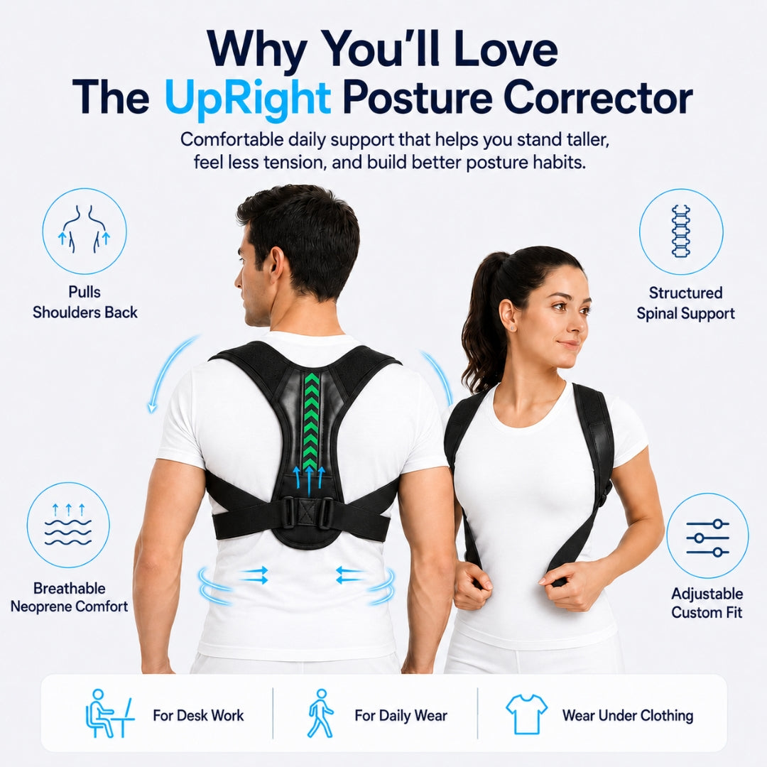 posture corrector worn by two models in front and rear views with black straps and an adjustable back fastening