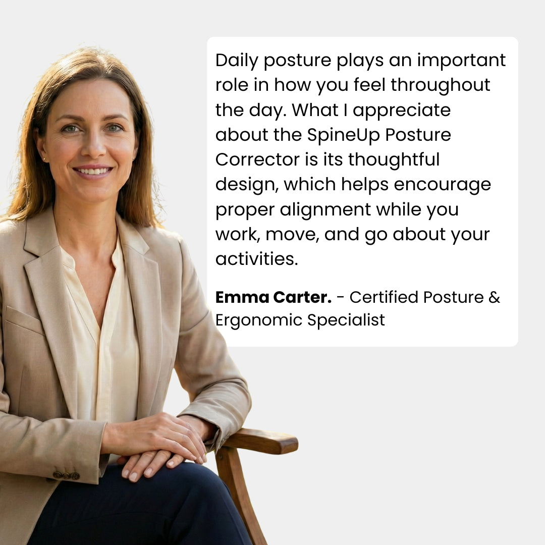 posture corrector expert quote beside a seated woman in a beige blazer on a light background
