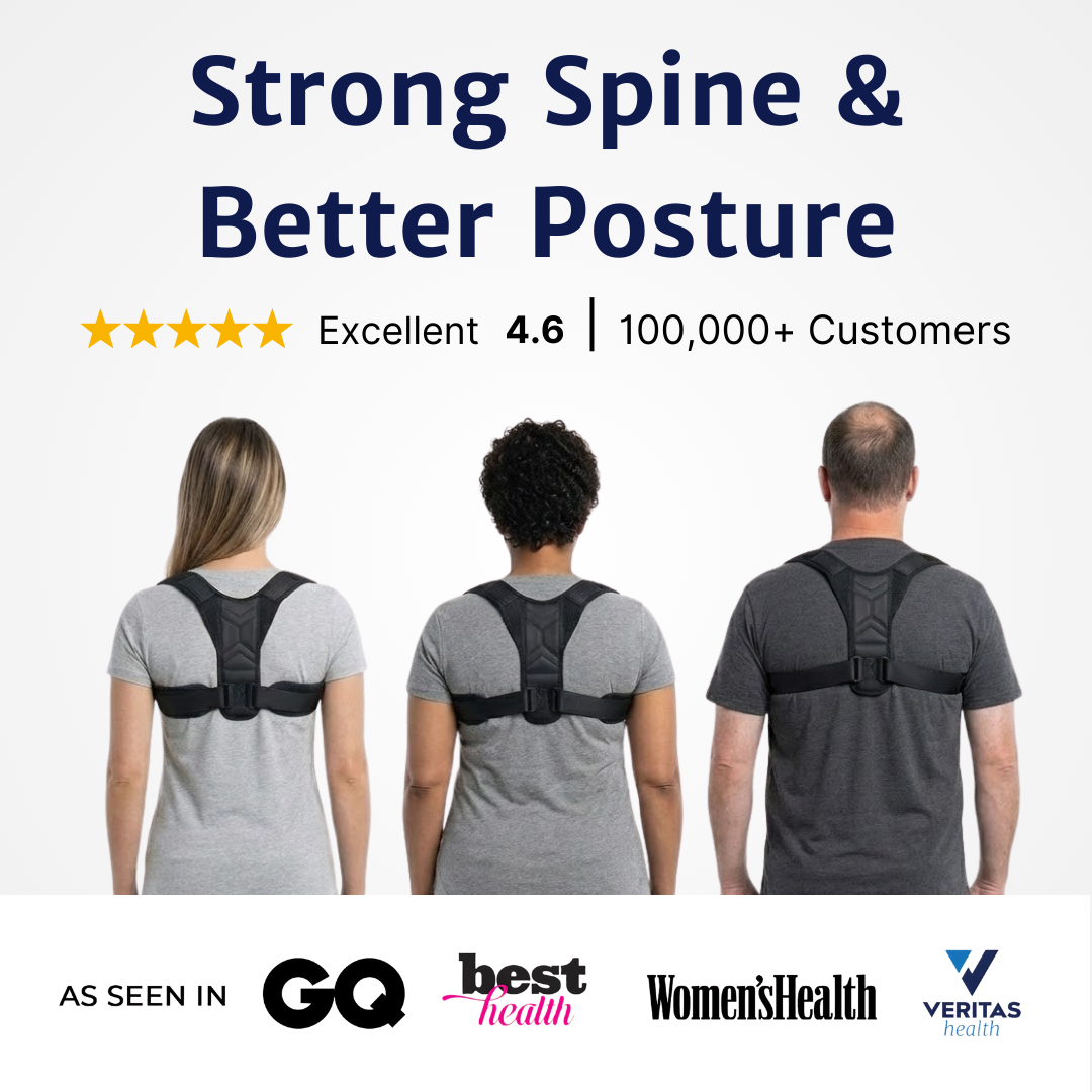 Posture corrector worn by three adults shown from behind to illustrate fit across different body types.
