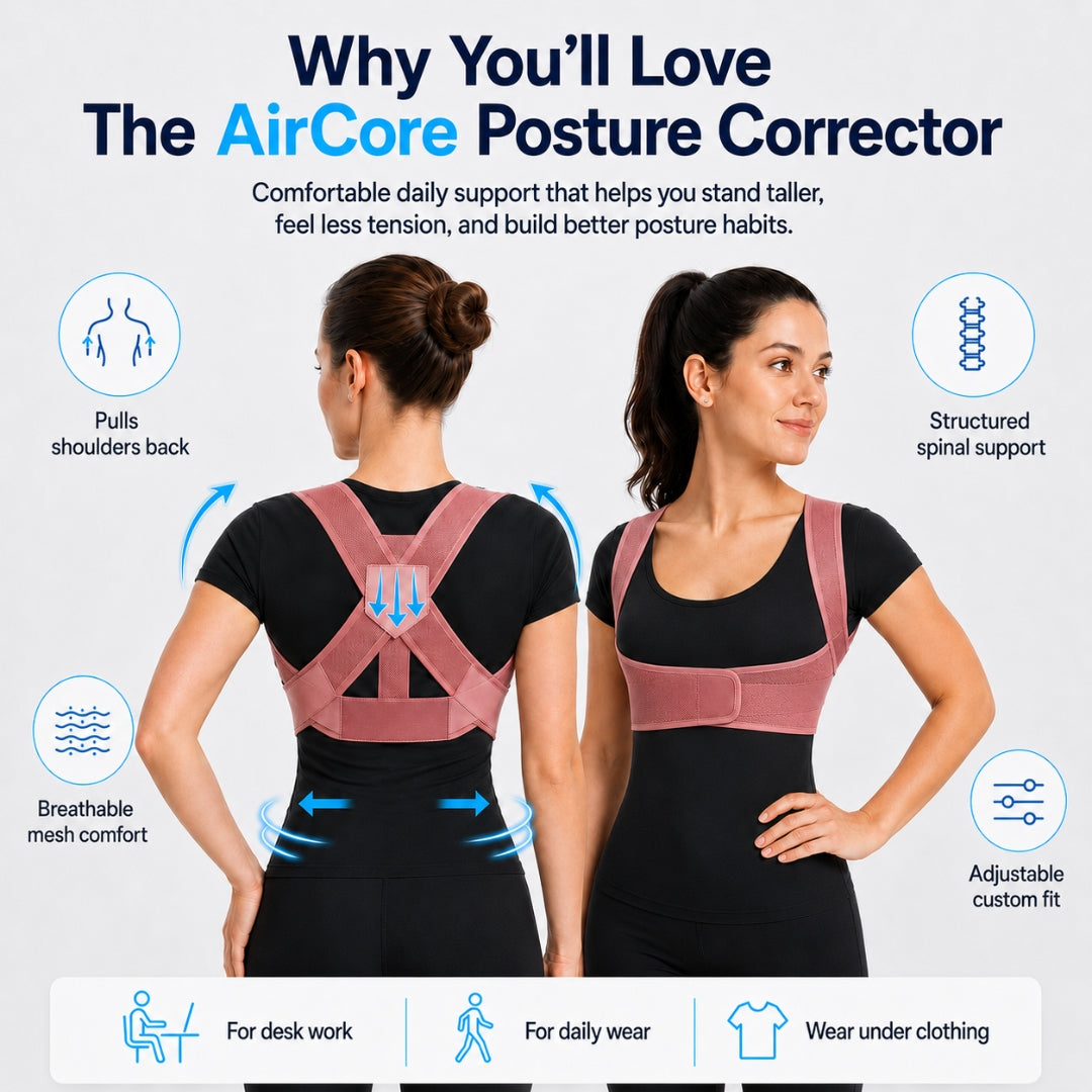 posture corrector shown on two women from the front and back with pink crossed straps and a wraparound band