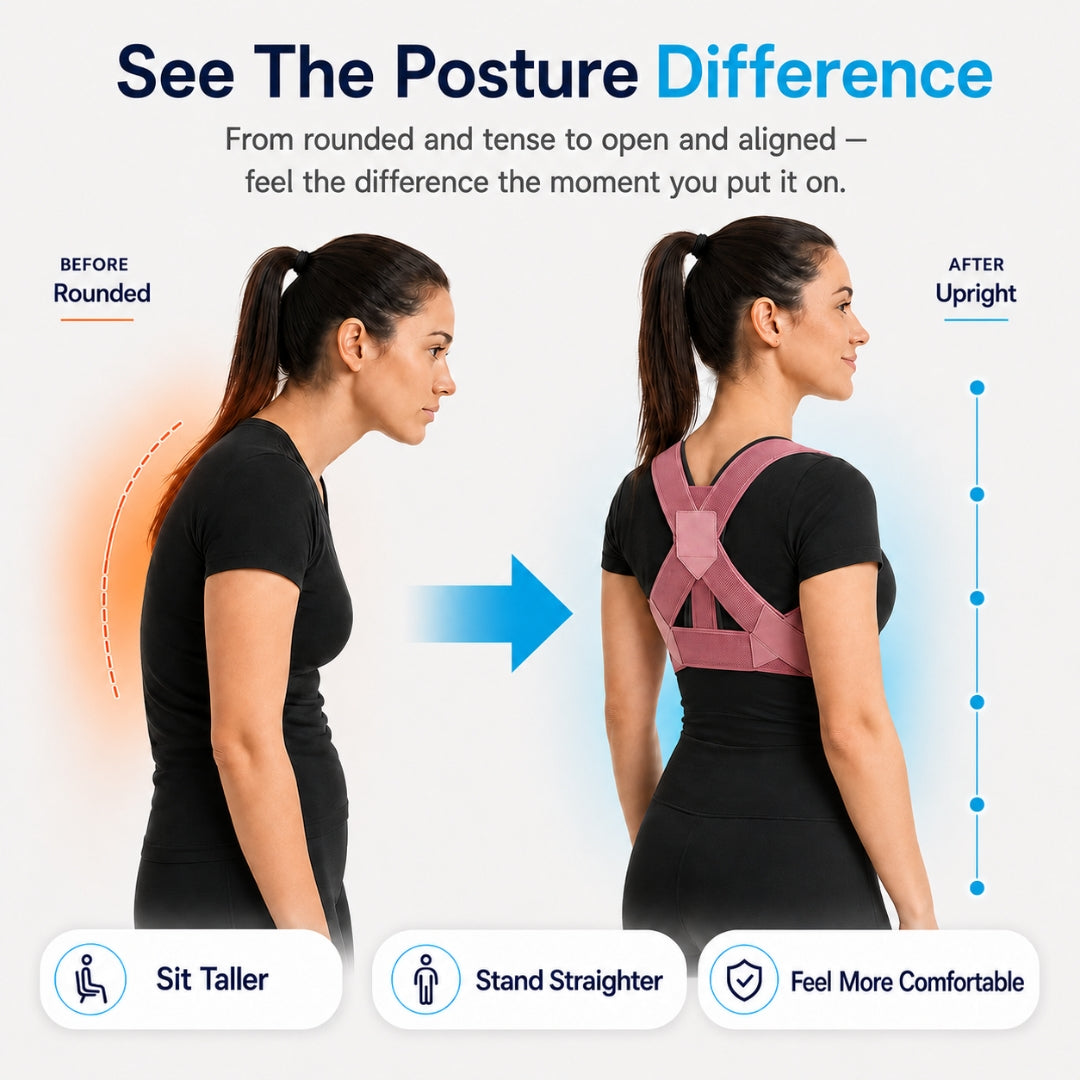 posture corrector comparison showing rounded side posture on the left and an upright rear angle wearing the pink brace on the right