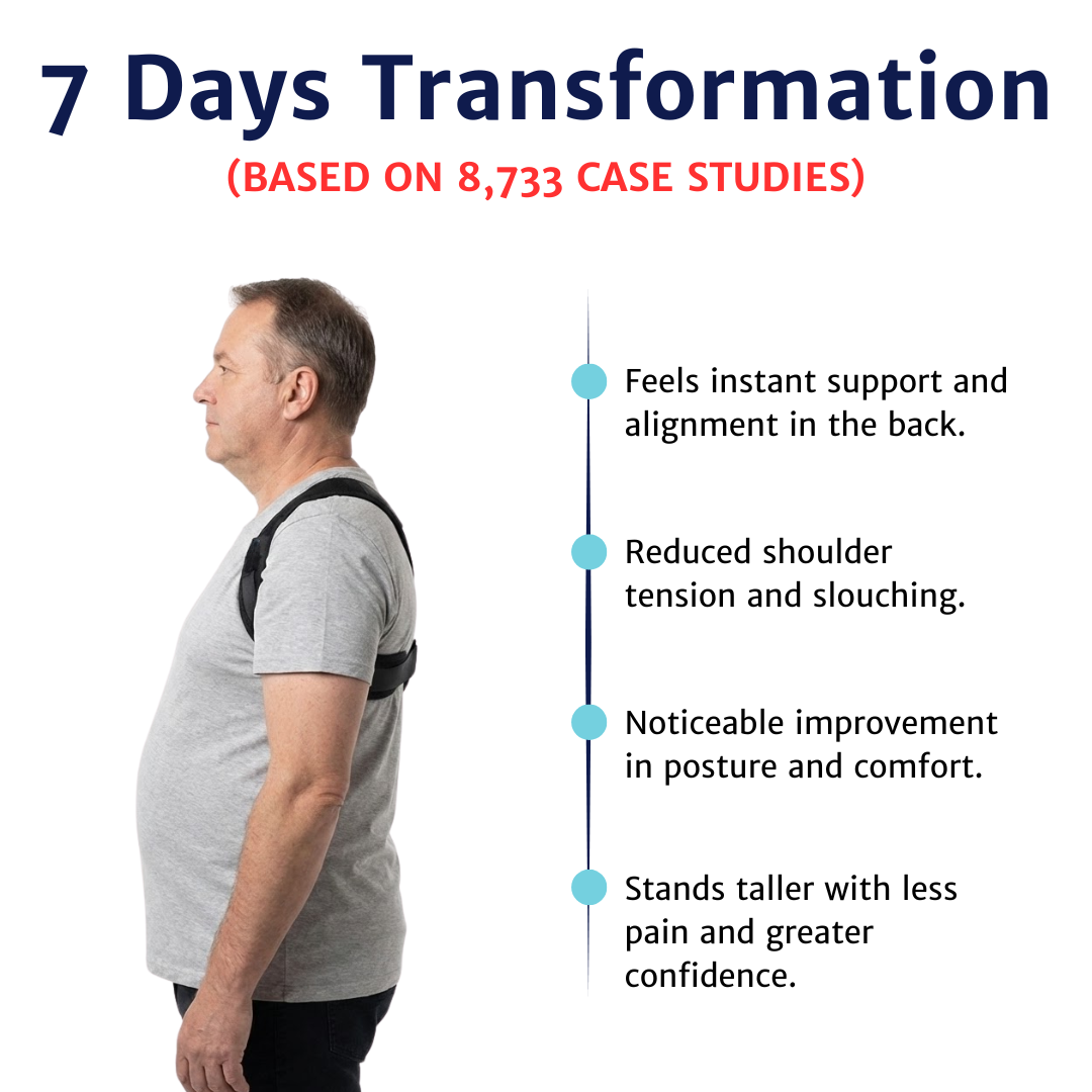 Posture corrector shown in a side profile comparison of a man standing with a forward tilt and a more upright stance.
