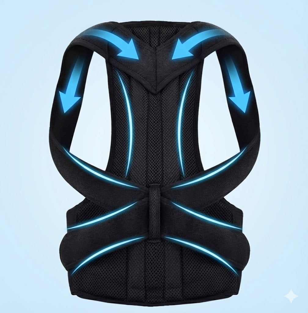 Posture corrector shown alone with structured support panels and directional arrows highlighting the back support layout.