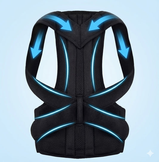 Posture corrector shown alone with structured support panels and directional arrows highlighting the back support layout.
