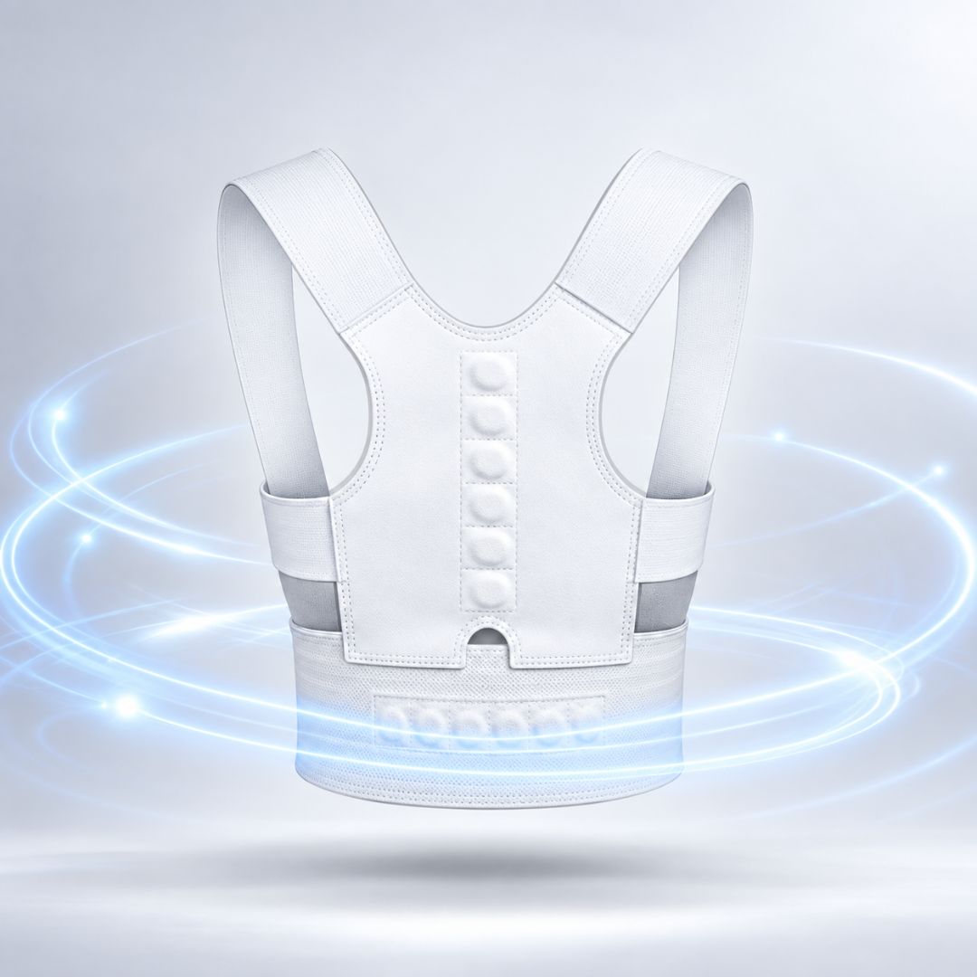 posture corrector shown in white with wide shoulder straps and a lower support band on a light background