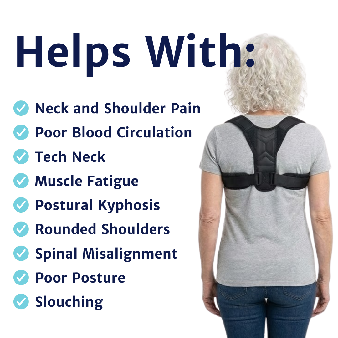 Posture support brace worn by an older woman shown from the back to display overall fit and strap placement.
