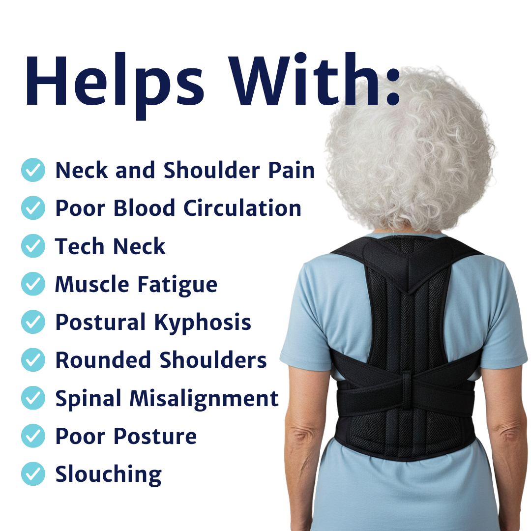 Posture support brace worn on the back of an older adult shown from behind during everyday standing.