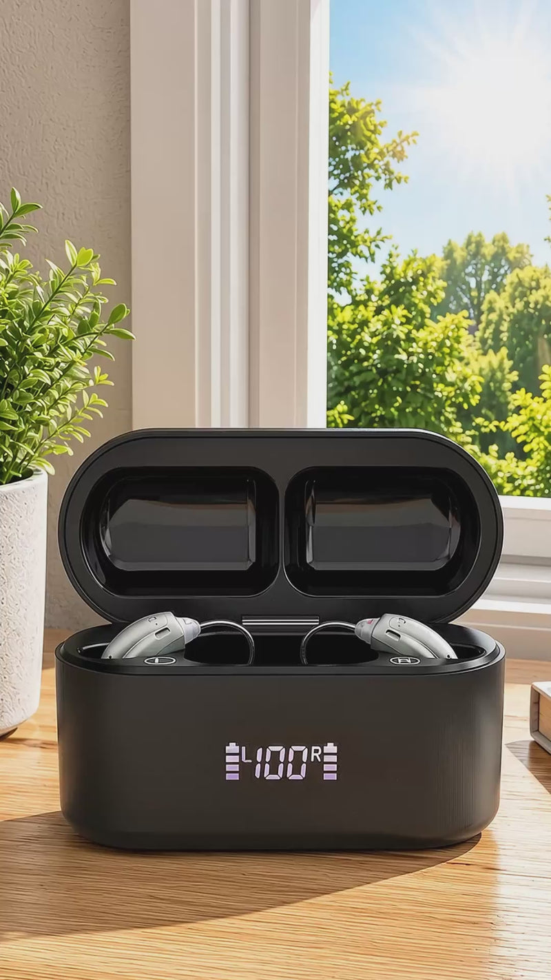 Rechargeable OTC hearing aids in charging case by a bedroom window, showing long-lasting battery life and overnight charging convenience.