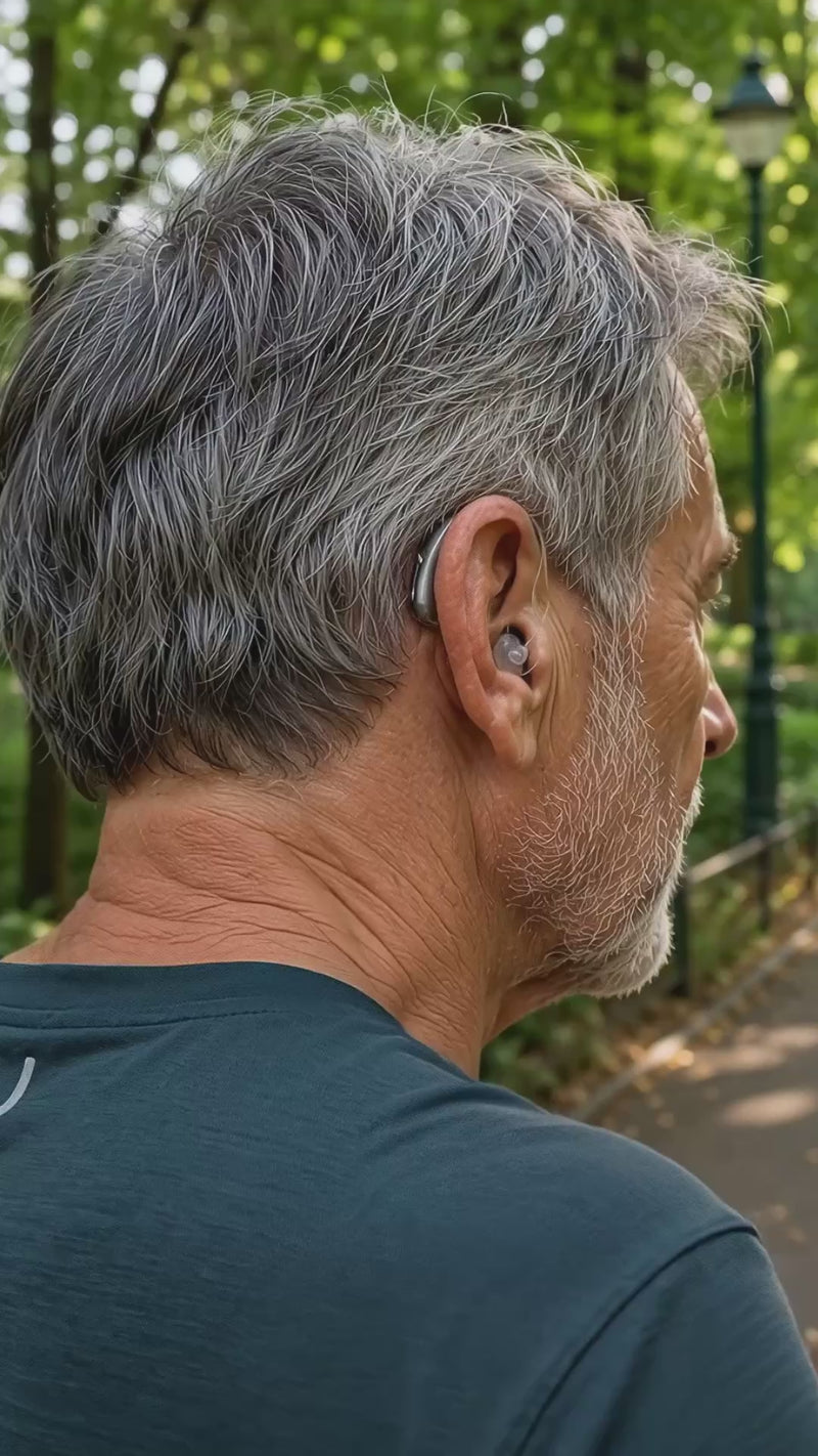 Senior man wearing a comfortable OTC hearing aid outdoors, showing a secure all-day fit for daily use and clear hearing support.