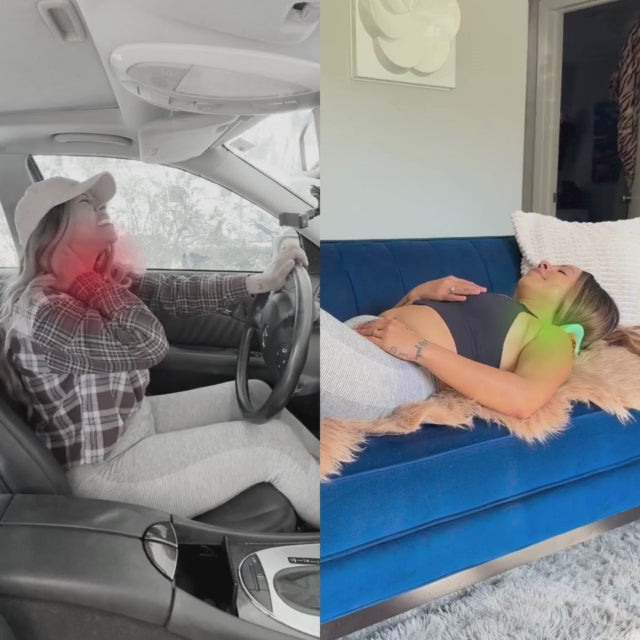 Before and after comparison showing neck pain from driving and relief using the WeRelieve cervical neck massager for tension, stiffness, and posture support.