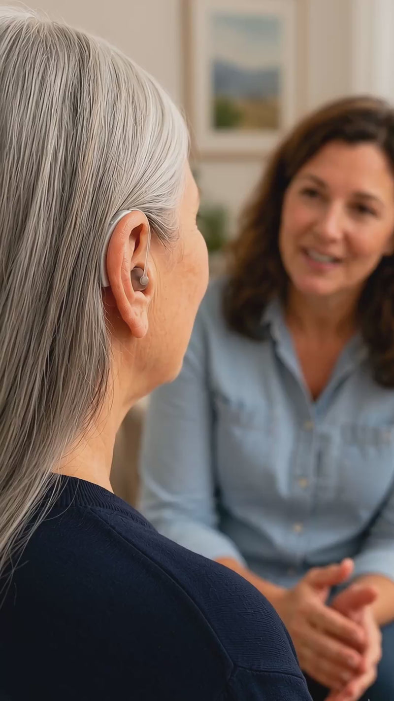 Senior woman wearing an OTC hearing aid indoors, showing clear everyday conversations with normal, noise reduction, and tinnitus masking modes.
