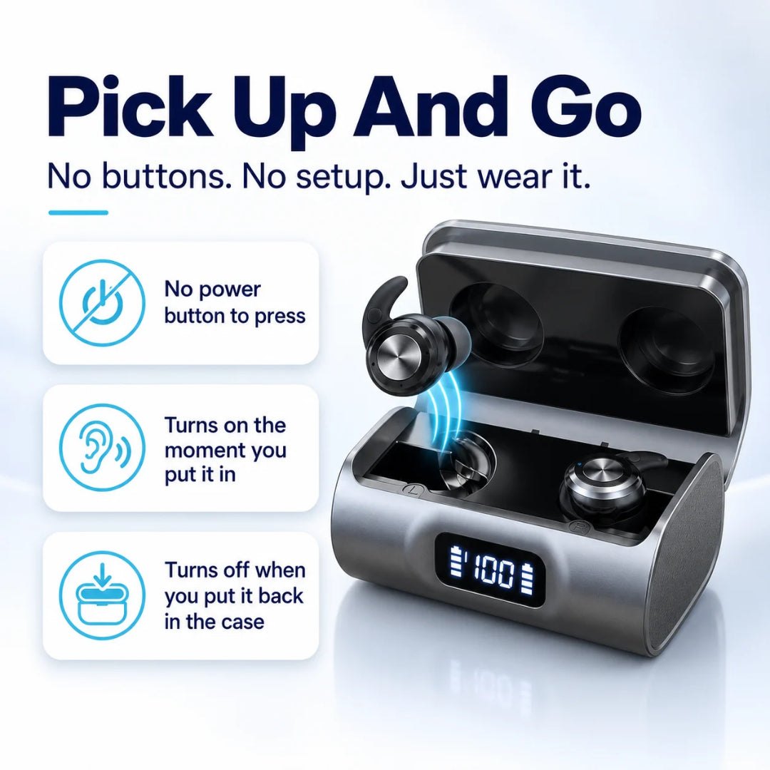 QuietFit earpieces and case illustrating automatic power controls
