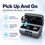 QuietFit earpieces and case illustrating automatic power controls